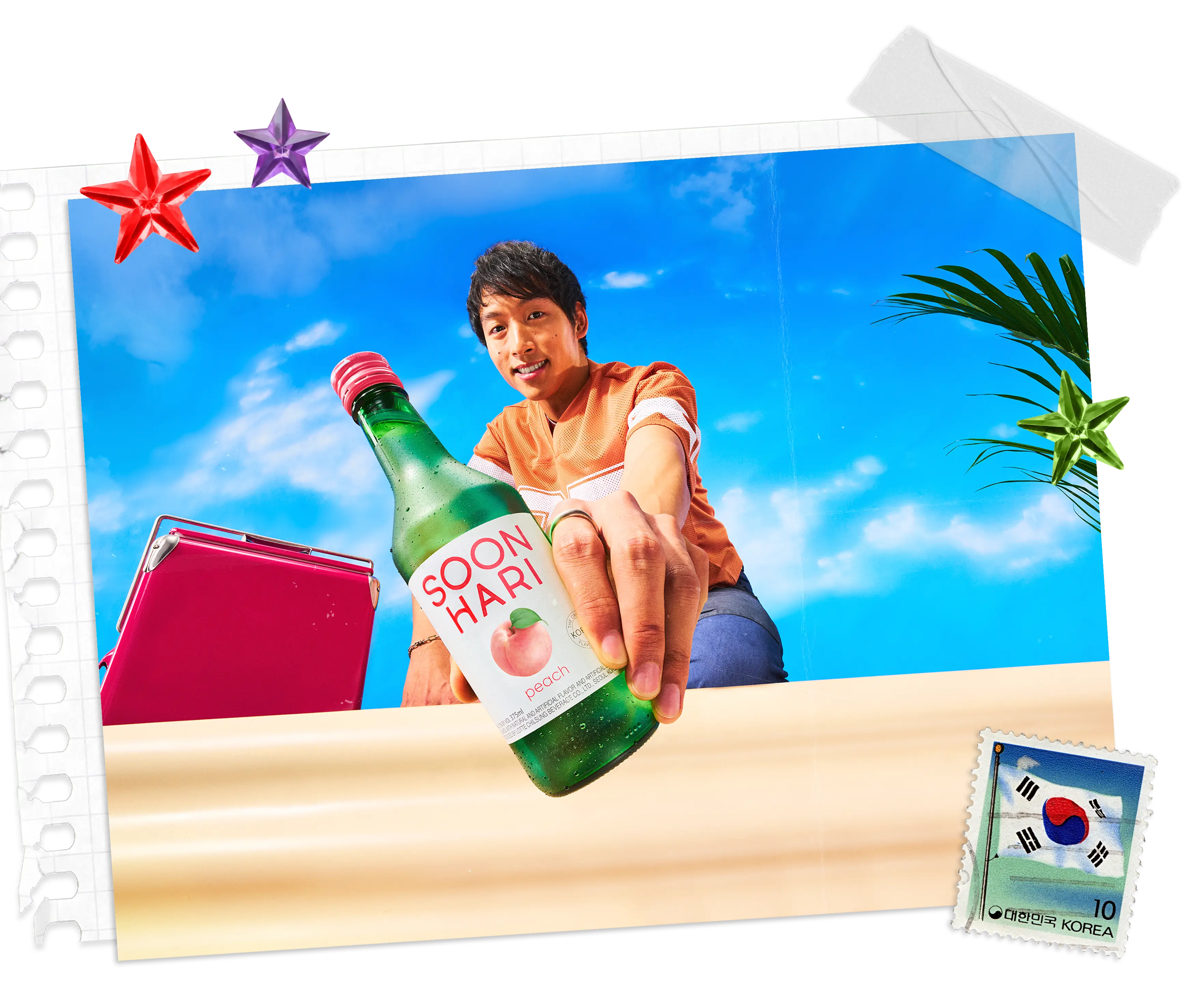 blog header, of man holding a Soonhari peach bottle